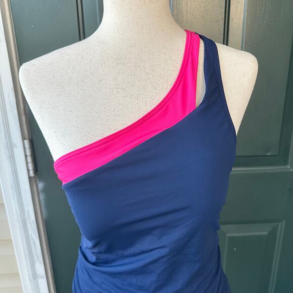 NWT Talbots One Shoulder Swimsuit Top Sz 12 Navy Pink Colorblock Asymmetrical - Picture 2 of 8